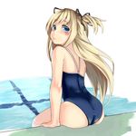  ass blonde_hair blue_eyes blush highres long_hair looking_back one-piece_swimsuit original peperoncirno school_swimsuit sitting solo swimsuit two_side_up 