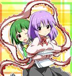  blush bow capelet crossover fueiku green_hair hairband hug idolmaster idolmaster_(classic) long_sleeves multiple_girls nagae_iku one_eye_closed open_mouth otonashi_kotori paper purple_hair red_eyes shawl short_hair smile touhou 