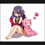  barefoot brown_eyes collar eyepatch gloomy_bear hayasaka_mirei hood hoodie idolmaster idolmaster_cinderella_girls monokuro29 purple_hair sitting skirt stuffed_animal stuffed_toy teddy_bear 