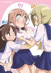  3girls aikawa_chiho bad_id bad_pixiv_id blonde_hair blush breast_grab breasts brown_eyes brown_hair cabura_50 copyright_name grabbing highres hug hug_from_behind ichii_yui large_breasts long_hair midriff multiple_girls okano_kei open_mouth pink_hair pleated_skirt school_uniform school_uniform_(yuyushiki) serafuku short_sleeves skirt sweatdrop wavy_mouth yuri yuyushiki 