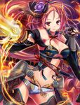  armor bikini_bottom black_legwear breasts brown_eyes brown_hair cleavage flaming_sword flower hair_flower hair_ornament katana large_breasts long_hair looking_at_viewer original parted_lips pipe sengoku_taisen shiny shiny_skin solo sword thighhighs weapon yuzu_modoki 