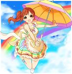  bad_id bad_pixiv_id cloud collarbone day flower frills ganmodoki_(kizm) hair_ornament idolmaster idolmaster_cinderella_girls igarashi_kyouko long_hair open_mouth orange_hair outstretched_arms rainbow side_ponytail sky solo umbrella yellow_eyes 