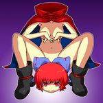  boots bow breasts cape censored convenient_censoring gomi_ichigo gradient gradient_background hair_bow headless highres medium_breasts naked_cape navel novelty_censor nude nukekubi red_eyes red_hair sekibanki short_hair sitting smile solo spread_legs touhou 