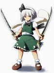  black_hairband blue_eyes bow dual_wielding flower hair_ribbon hairband highres hitodama holding konpaku_youmu konpaku_youmu_(ghost) puffy_sleeves rariemonn ribbon scabbard sheath short_hair short_sleeves silver_hair solo sword touhou weapon white_background 