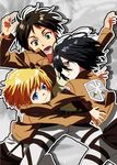  2boys armin_arlert belt black_eyes black_hair blonde_hair blue_eyes brown_hair emblem eren_yeager green_eyes hug jacket long_sleeves mesushirindaa mikasa_ackerman multiple_boys open_mouth pants paradis_military_uniform scarf shingeki_no_kyojin short_hair smile teeth training_corps_(emblem) 