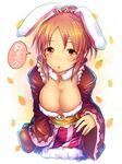  abe_nana animal_ears blush breasts brown_hair bunny_ears carrot cleavage collarbone crown idolmaster idolmaster_cinderella_girls jewelry kara_(color) large_breasts long_sleeves open_mouth ponytail solo wide_sleeves yellow_eyes 