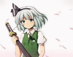  aqua_eyes black_hairband hair_ribbon hairband highres konpaku_youmu petals puffy_sleeves rariemonn ribbon short_hair short_sleeves silver_hair solo sword touhou weapon 