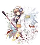  bad_id bad_pixiv_id brown_hair danpoong detached_collar floral_background flower green_eyes hairband jacket leia_rolando short_hair smile solo staff tales_of_(series) tales_of_xillia 