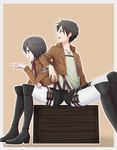  1girl black_hair boots brown_eyes emblem eren_yeager green_eyes jacket llmonakall mikasa_ackerman paradis_military_uniform scarf shingeki_no_kyojin short_hair thigh_strap training_corps_(emblem) 