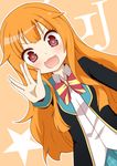  :3 :d amatsuka_mao blazer blush bow fang gj-bu hair_flaps jacket kurosuke_(pixiv5704) long_hair long_sleeves open_mouth orange_hair outstretched_arm pink_eyes salute school_uniform skirt smile solo v-shaped_eyebrows very_long_hair vulcan_salute 