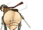  amano_issui ass bent_over black_hair brown_eyes huge_ass jacket looking_at_viewer looking_back mikasa_ackerman panties pubic_hair shingeki_no_kyojin short_hair simple_background solo thighhighs thighs underwear white_background 