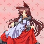  animal_ears blush breasts brown_hair dress dress_lift fingernails g_(desukingu) imaizumi_kagerou long_fingernails long_hair medium_breasts red_eyes simple_background smile touhou wolf_ears 