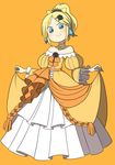  aku_no_musume_(vocaloid) bare_shoulders blonde_hair blue_eyes blush dress dress_lift earrings female flat_chest flower formal hair_ornament hairpin jewelry kagamine_rin ken_(koala) long_hair original ponytail ribbon rose simple_background smile solo standing yellow_background 