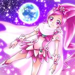  absurdres bad_id bad_pixiv_id boots bow cure_blossom dutch_angle hair_bow hanasaki_tsubomi heartcatch_precure! highres knee_boots long_hair magical_girl petals pink pink_bow pink_eyes pink_hair planet ponytail precure purple_background ribbon rintarou_hayashi scarf skirt smile solo wrist_cuffs 