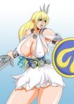  1girl blonde_hair breasts green_eyes large_breasts mifune_seijirou milf open_mouth shield solo sophitia_alexandra soul_calibur soulcalibur_iv sword weapon 