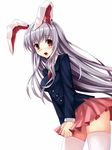  animal_ears bad_id bad_pixiv_id blush bunny_ears long_hair looking_at_viewer mushroom_(artist) open_mouth red_eyes reisen_udongein_inaba silver_hair simple_background skirt solo thighhighs touhou white_background white_legwear 