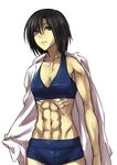  abs bare_shoulders black_hair breasts buruma cleavage collarbone kabane_(follabi) midriff mikasa_ackerman muscle shingeki_no_kyojin short_hair simple_background small_breasts solo sports_bra sportswear white_background 