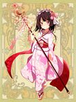  blush brown_hair copyright_request crescent dennryuurai floral_print japanese_clothes kimono red_eyes rococo shakujou short_hair smile solo staff 