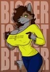  breasts brown_hair canine english_text female green_eyes hair mammal solo text wolf wolfjedisamuel 