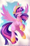  cloud crown cutie_mark day equine eyes_closed female feral flying friendship_is_magic gold hair horn horse mammal multi-colored_hair my_little_pony necklace outside pony sky solo spittfire twilight_sparkle_(mlp) winged_unicorn wings 