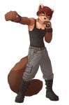  anthro belt black_nose boots boxing bracelet clothing hair iskra jewelry looking_at_viewer male mammal marten mustelid pants plain_background red_hair shirt smile solo standing tank_top transparent_background yellow_eyes 
