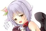  :d black_wings blush chain collar gloves hair_ornament idolmaster idolmaster_cinderella_girls koshimizu_sachiko open_mouth pinstripe_pattern short_hair silver_hair single_wing smile solo striped tilm translated white_background wings yellow_eyes 