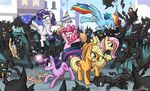  applejack_(mlp) blonde_hair blue_eyes building canterlot changeling cowboy_hat cutie_mark derpy_hooves_(mlp) equine eyes_closed fangs female feral fight fluttershy_(mlp) friendship_is_magic fur green_eyes hair hat holes horn horse john_joseco kick magic mammal multi-colored_hair my_little_pony pegasus pie pink_hair pinkie_pie_(mlp) pony purple_eyes purple_hair rainbow_dash_(mlp) rainbow_hair rarity_(mlp) sparkles sweat twilight_sparkle_(mlp) unconscious unicorn white_fur wings 