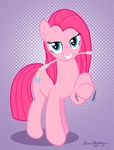  abstract_background blue_eyes brian_mcpherson cutie_mark equine female feral friendship_is_magic fur hair half-closed_eyes horse looking_at_viewer mammal mouth_hold my_little_pony pink_fur pink_hair pinkamena_(mlp) pinkie_pie_(mlp) pony purple_background riding_crop signature smile solo straight_hair 