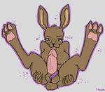  anthro balls big_penis breasts brown_fur cynicalmoose dickgirl english_text fur intersex lagomorph legs_up licking mammal nipples penis rabbit solo spread_legs spreading text tongue 