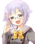  :d adjusting_eyewear bespectacled blush bow glasses green_eyes hair_ornament hairclip idolmaster idolmaster_cinderella_girls koshimizu_sachiko long_sleeves open_mouth school_uniform short_hair silver_hair smile solo tilm white_background 