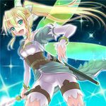  blonde_hair braid green_eyes highres leafa long_hair pointy_ears ponytail pt@i sword sword_art_online thighhighs twin_braids weapon 