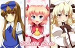  alternate_eye_color alternate_hair_color ascot blonde_hair blue_eyes bow crossed_arms drill_hair fang hair_bow hat kane-neko long_hair luna_child multiple_girls open_mouth orange_hair short_hair smile star_sapphire sunny_milk touhou twintails wings 