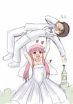  1girl :d amano_yukiteru arms_up blush bridal_veil brown_hair covering_mouth crotch_grab dress formal gasai_yuno lifting_person long_hair mirai_nikki open_mouth pink_eyes pink_hair sidelocks sketch smile sparkle suit veil wedding_dress white_suit y.ssanoha 