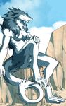  breasts claws cliff cloud clouds cyan female fen_seiyu fur grey_fur hair hand_on_knee looking_at_viewer nude one_leg_up outside rocks seated sergal siekfried sitting sky smile tuft white white_eyes white_fur 