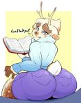  anthro big_butt big_eyebrows book butt cervine clothed clothing dialogue male mammal reindeer solo sweater xingscourge 