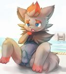  anime anthro balls barefoot blue_eyes bulge butt clothing cute deruu drooling erection fur grey_fur japanese ladder looking_down male nintendo penis pink_skin pok&#233;mon pok&eacute;mon pool raised_arm red_fur ruugiaruu saliva shadow sharp_teeth shiny skin solo spread_legs spreading suit swimsuit teeth tongue video_games white_eyes zorua 