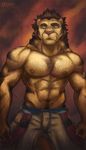  anthro belt biceps big_muscles blue_eyes brown_fur brown_hair chest_tuft clothing feline firefighter firefighter_uniform fur grin hair hunk leobo lion male mammal manful manly muscles nipples pants pecs pink_nose pose smile solo standing strength topless tuft underwear uniform virility 