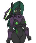  anthro anthrofied armor breasts changeling cyborg fangs female friendship_is_magic green_eyes green_hair hair horn kloudmutt looking_at_viewer my_little_pony navel nipples plain_background pussy queen_chrysalis_(mlp) solo standing white_background 