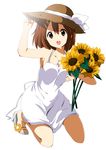  :o bare_shoulders blush brown_eyes brown_hair dress flower hair_ornament hairclip hand_on_headwear hat hirasawa_yui jewelry k-on! kneeling looking_at_viewer necklace official_style open_mouth open_toe_shoes ragho_no_erika round_teeth sandals shoes short_hair smile solo sun_hat sundress sunflower teeth 