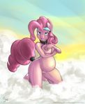  anthro anthrofied blue_eyes cloud clouds collaboration collar equine exwolf85 eyewear female friendship_is_magic fur goggles hair horse kneeling mammal my_little_pony northboundfox piercing pink_fur pink_hair pinkie_pie_(mlp) pony pregnant pussy solo tail_wrap 