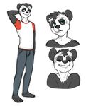  4_toes anthro bear black_fur black_hair black_nose clothing cubi eyes_closed fur green_eyes hair half-closed_eyes jeans kai-panda male mammal panda plain_background plantigrade raised_arm shirt smile solo standing teeth white_background white_fur white_hair 