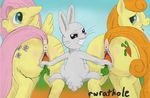  angel_(mlp) anus blush carrot carrot_dildo carrot_top_(mlp) cutie_mark english_text equine female feral fluttershy_(mlp) food_play friendship_is_magic fur green_eyes grey_fur group hair horse improvised_dildo insertion lagomorph looking_at_viewer male mammal my_little_pony nezudomo open_mouth orange_hair pegasus penetration pink_hair pony pussy rabbit straight text vaginal vaginal_insertion vaginal_penetration wings yellow_fur 