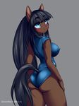  anthro back_turned big_breasts black_hair blue_eyes blush breasts brown_skin butt buttthighs clothed clothing equine female grey_background hair hime_cut horse leotard long_hair looking_back mammal nipple_bulge plain_background raised_tail side_boob solo standing thick_thighs thighs tight_clothing unicornblue 