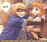  ? bag blonde_hair blue_eyes brown_fur cat claws clothed clothing dialog english_text feline female ferret fur gopniks hair house iskra iskra_(character) male mammal mustelid orange_fur orange_hair outside pink_nose shirt short_hair skirt standing stripes text yellow_fur 