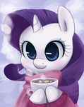  blue_background blue_eyes blush clothed clothing cup cute equine eyeshadow female feral friendship_is_magic fur hair headshot_portrait hi_res holding horn horse jacket looking_at_viewer makeup mammal my_little_pony plain_background pony portrait purple_hair rarity_(mlp) scarf signature smile solo steam steffy-beff unicorn white_fur young 