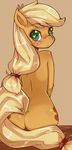  anthro anthrofied applejack_(mlp) back blonde_hair blush butt cutie_mark edit equine exotic_pupils female freckles friendship_is_magic fur green_eyes hair heart-shaped_pupils horse hua113 long_hair looking_at_viewer looking_back mammal my_little_pony nude orange_background orange_fur plain_background pony sitting solo 