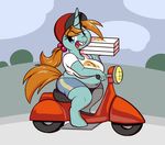  anthrofied big_breasts blush breasts chubby cleavage clothed clothing crossgender cute equine female food friendship_is_magic horn looking_at_viewer mammal moped my_little_pony open_mouth overweight pizza sbshouseofpancakes skimpy snips_(mlp) solo unicorn 