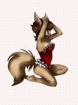  canine clothed clothing female fennec fox hair kneeling mammal plain_background skimpy solo sugarcup white_background 