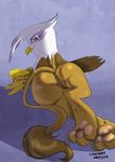  3_toes amber_eyes anus avian brown_feathers brown_fur butt digitigrade female feral foot_focus friendship_is_magic fur gilda_(mlp) gryphon hindpaw my_little_pony nude pawpads paws plain_background presenting pussy siberwar soles solo toes white_feathers 