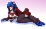  4_toes :3 bear black_nose blue_hair blue_paws blush breasts butt claws cleavage clothed clothing digitigrade female green_eyes hair hindpaw jacket leona long_hair looking_at_viewer mammal panda pawpads paws plushie skimpy soles solo toes wolflady 